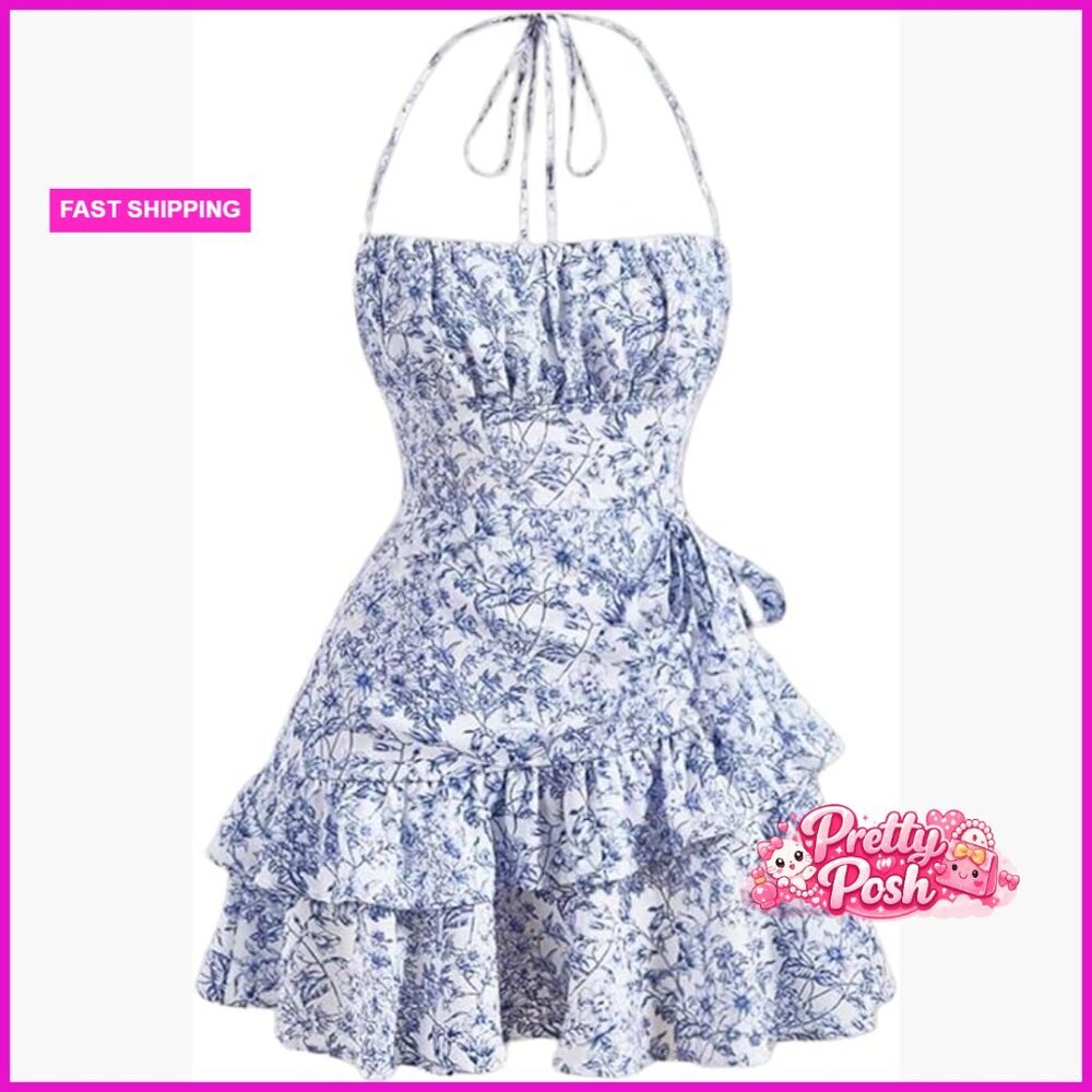 Tie Halter Mini Dress, Floral Print, Ruffle Trim Casual Summer Dress